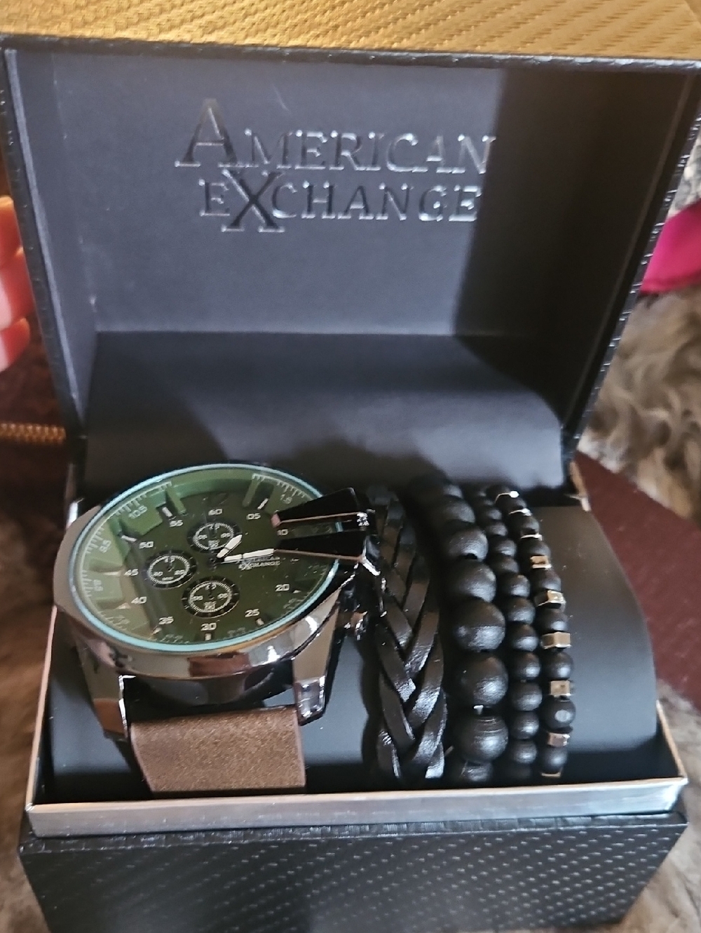 American Exchange Green Dial Watch with Black Bracelet Trio